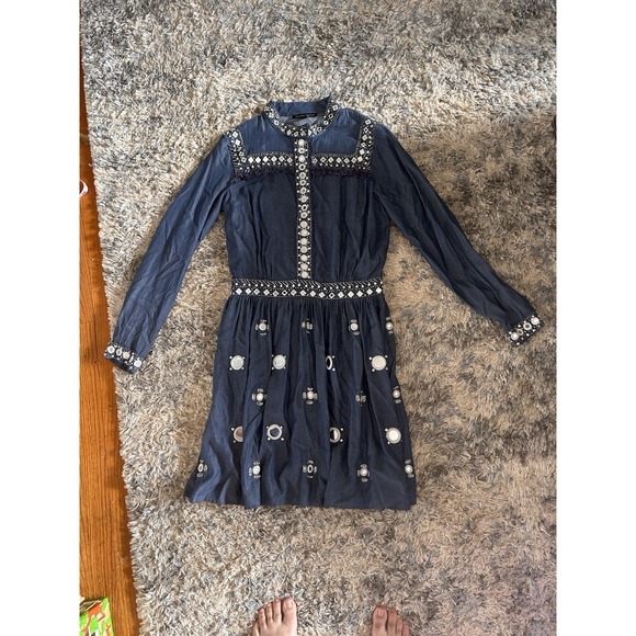 Boston Proper Beaded Denim Dress Beaded Detail Cowgirl Chic Concert Festival 8 - Picture 2 of 10